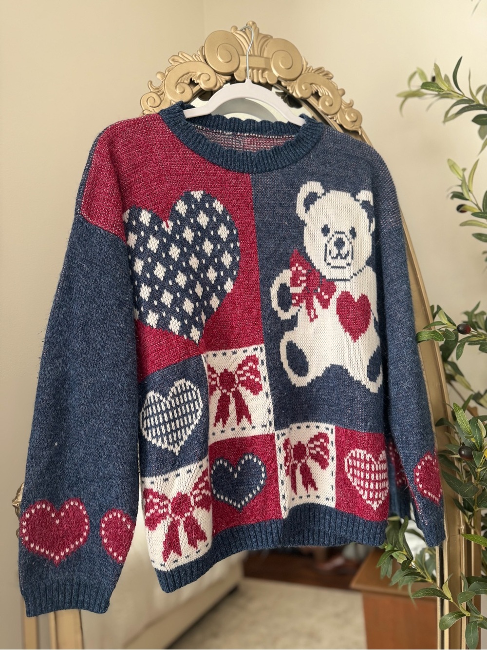 Blue & Red Teddy Heart Knit Crewneck Sweater - Women